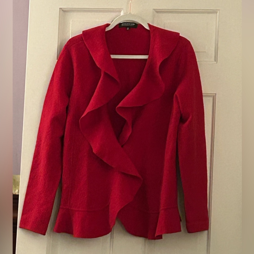 Jones New York Cherry Red 100% Merino Boiled Wool Ruffled Cardigan Sweater EUC